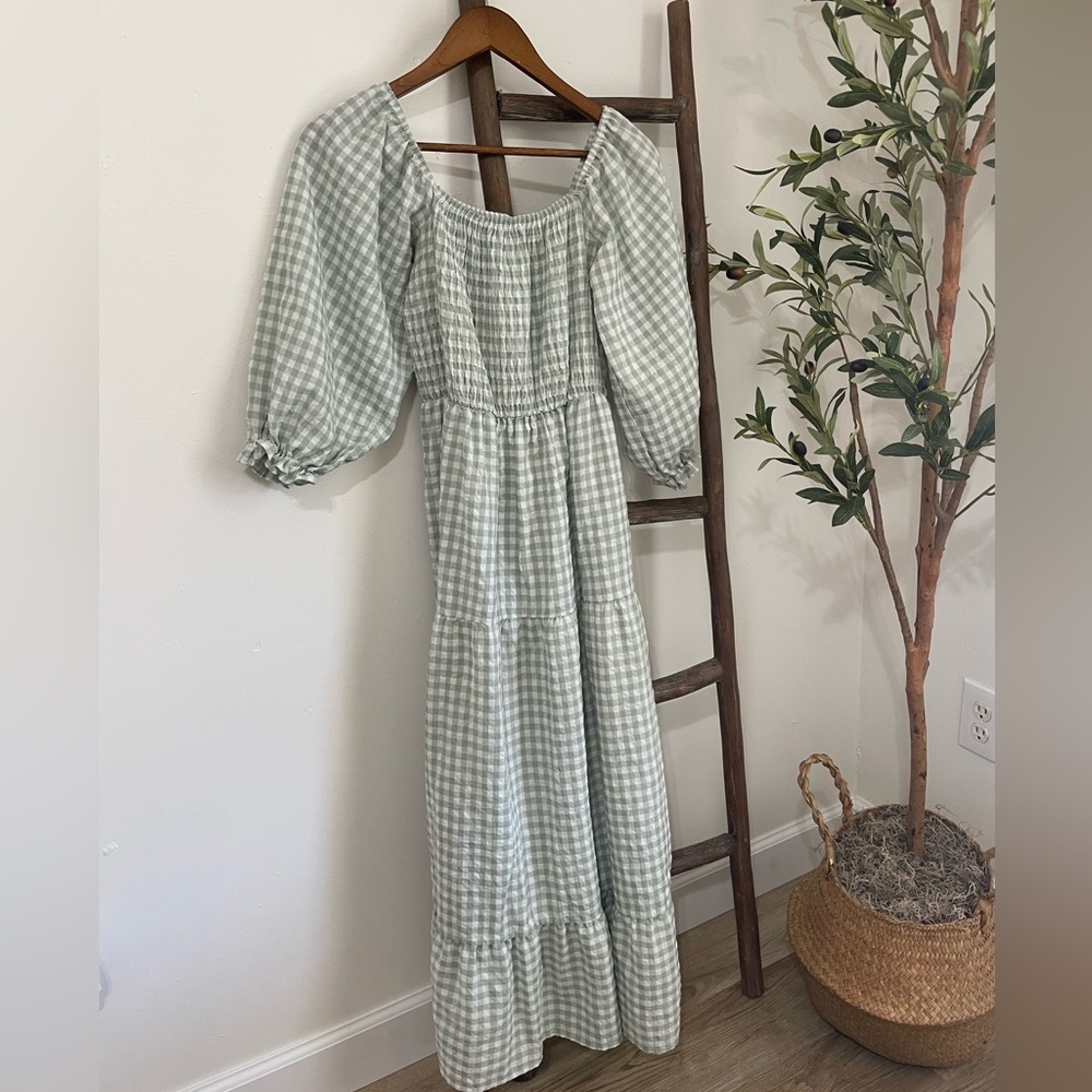 Smocked Gingham Puff Sleeve Dress